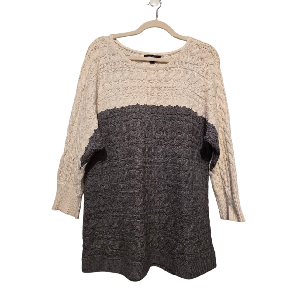 Banana Republic Fishermen Cable Knit Sweater LG Gray Cream Preppy Academia